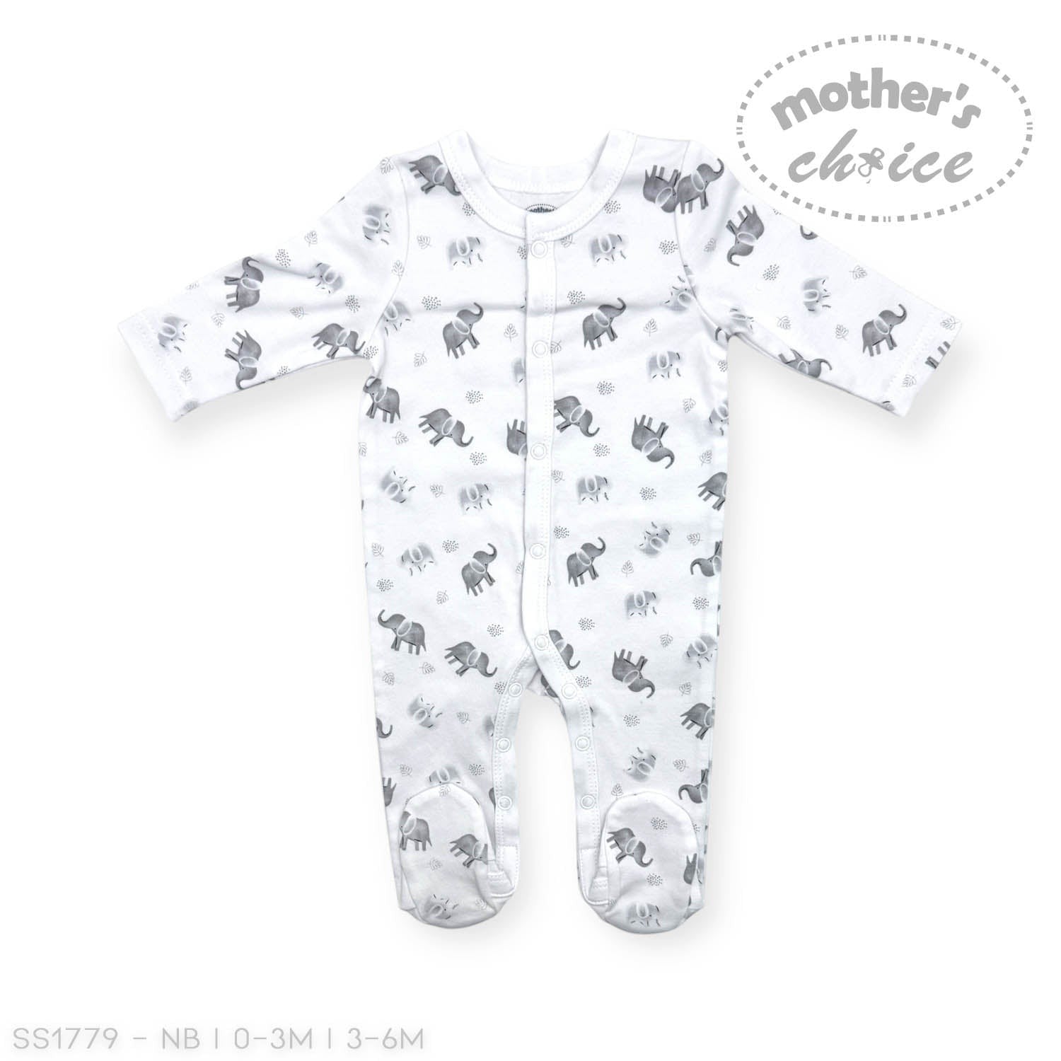 Baby onesie with elephant pattern on a white background, branded 'Mother's Choice'.