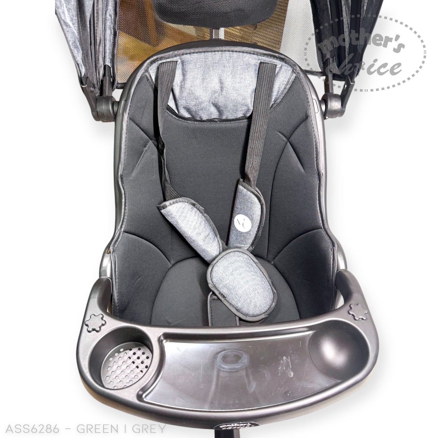 Gray baby high chair with tray and safety harness on a white background