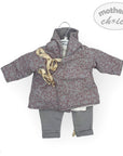Children's gray coat with floral pattern and matching pants on a white background, branded 'Mother's Choice'.