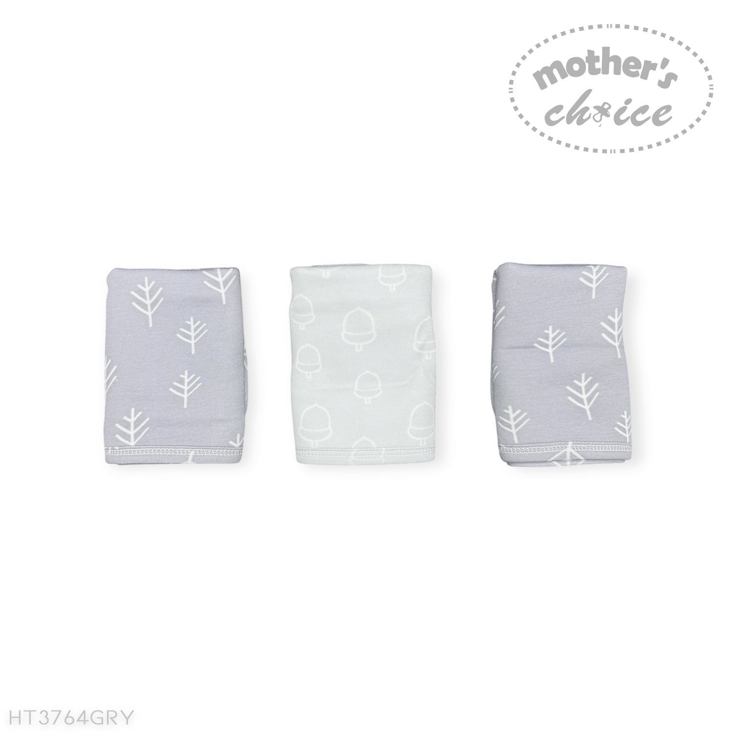 Three gray baby blankets with white leaf patterns on a white background, featuring 'Mother's Choice' branding.
