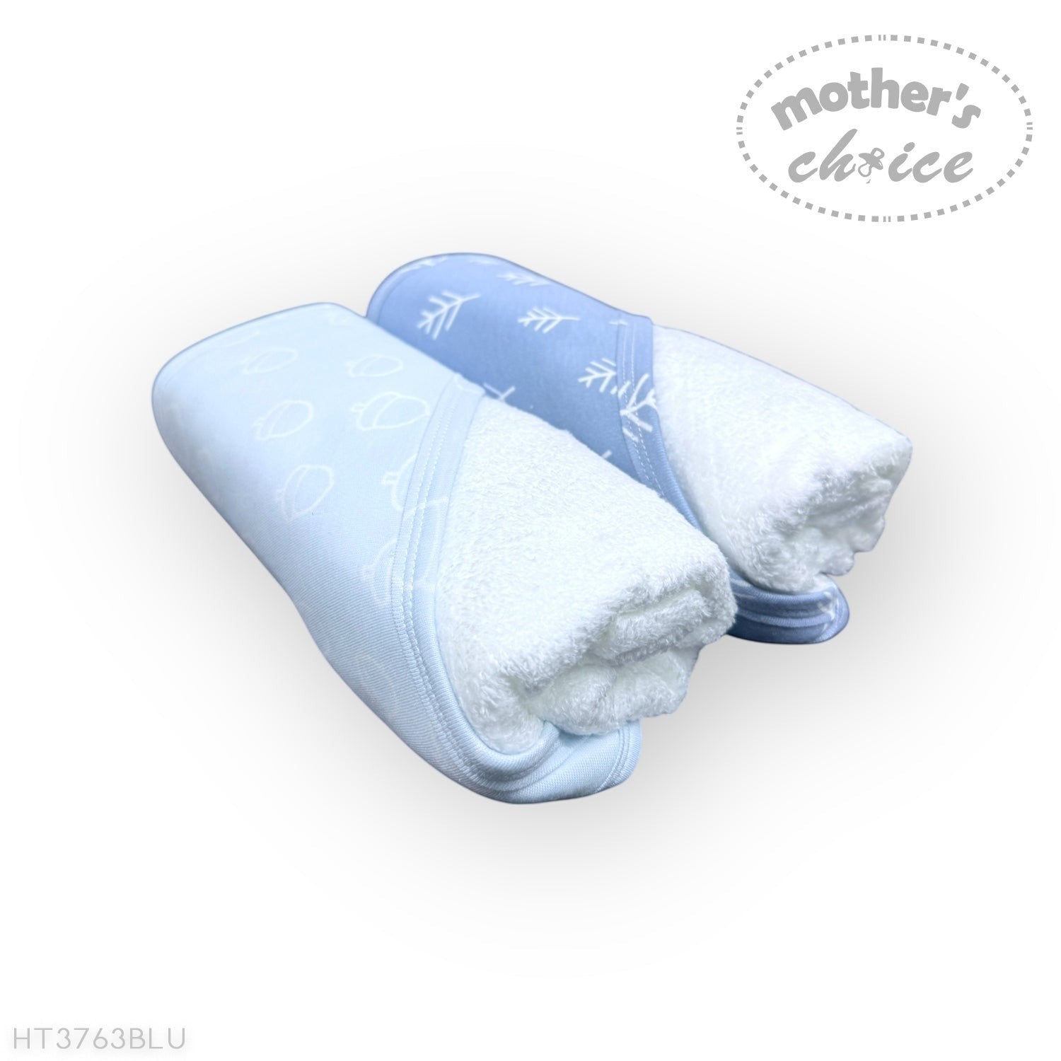 Two light blue baby blankets with 'Mother's Choice' branding on a white background.