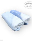 Two light blue baby blankets with 'Mother's Choice' branding on a white background.