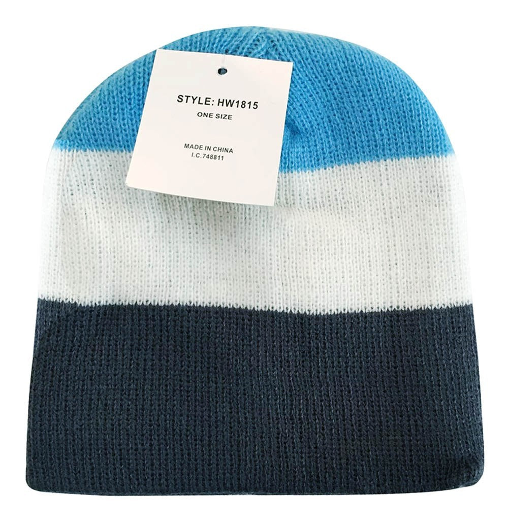 Color-blocked knit beanie with a tag on a white background