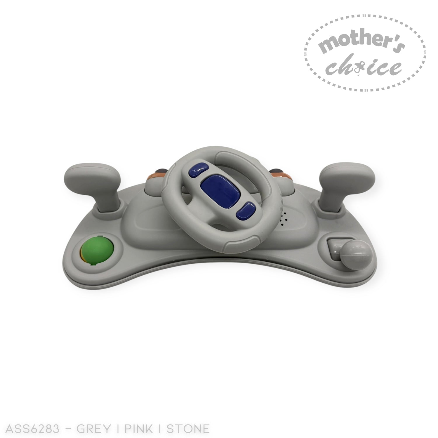 Toy steering wheel with buttons on a white background, branded 'Mother's Choice'.