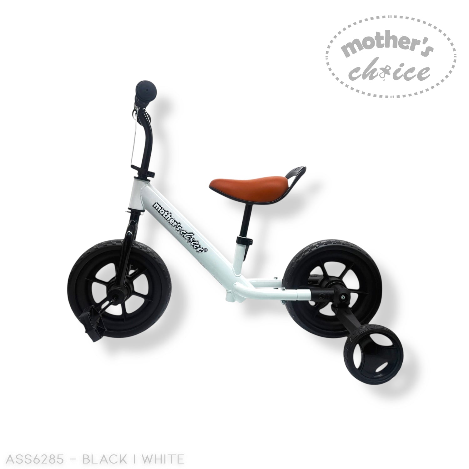 Children's balance bike with black wheels and white frame on a white background, branded 'Mother's Choice'.