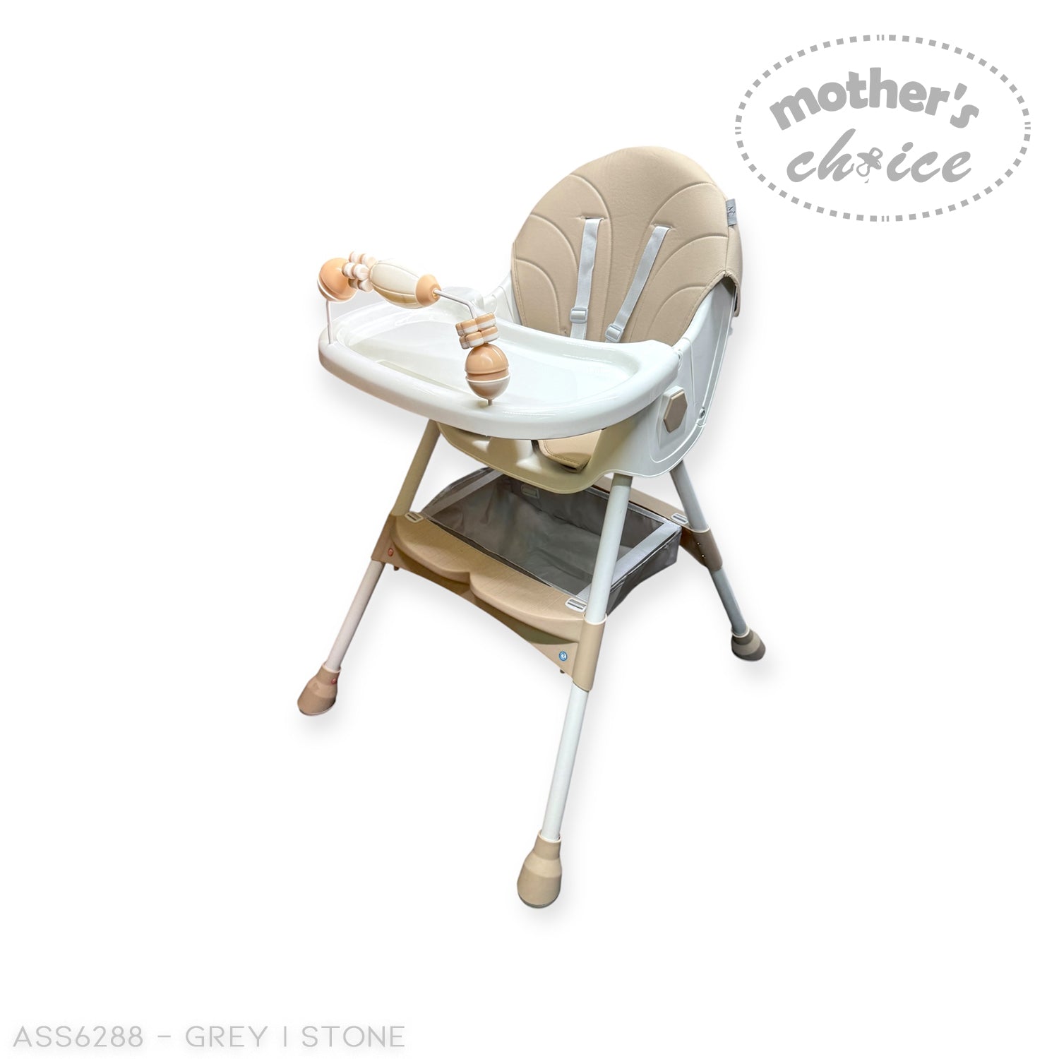 Beige and white high chair with accessories on a white background, featuring 'Mother's Choice' branding.