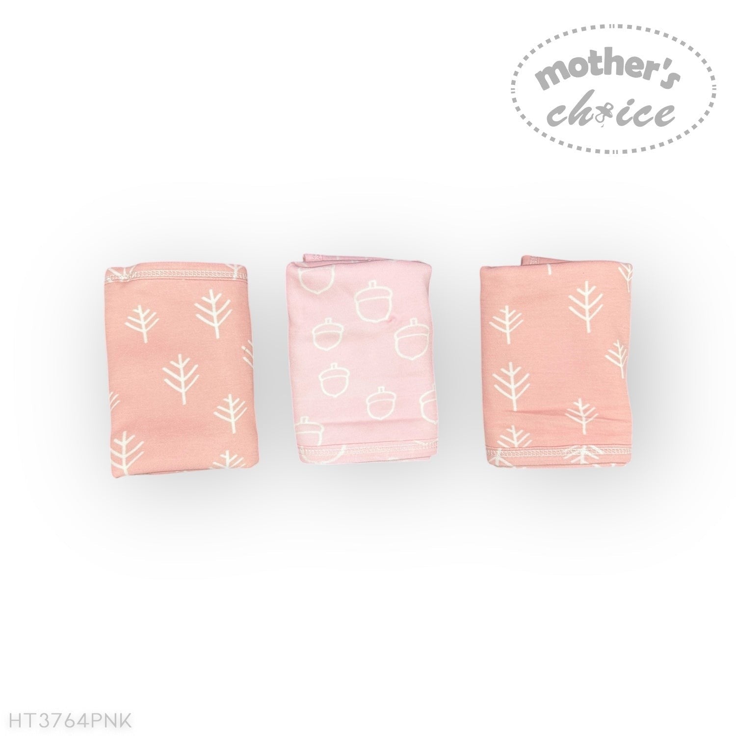 Three pink baby blankets with white patterns on a white background, featuring 'Mother's Choice' branding.