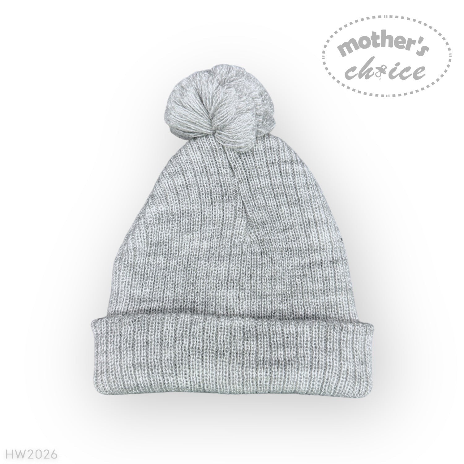 Gray knit beanie with pom-pom on a white background, featuring 'mother's choice' branding.