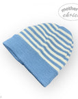 Blue and white striped baby hat on a white background with 'mother's choice' branding.