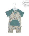 Baby romper with bear pattern and teal sleeves on a hanger, branded 'Mother's Choice'.