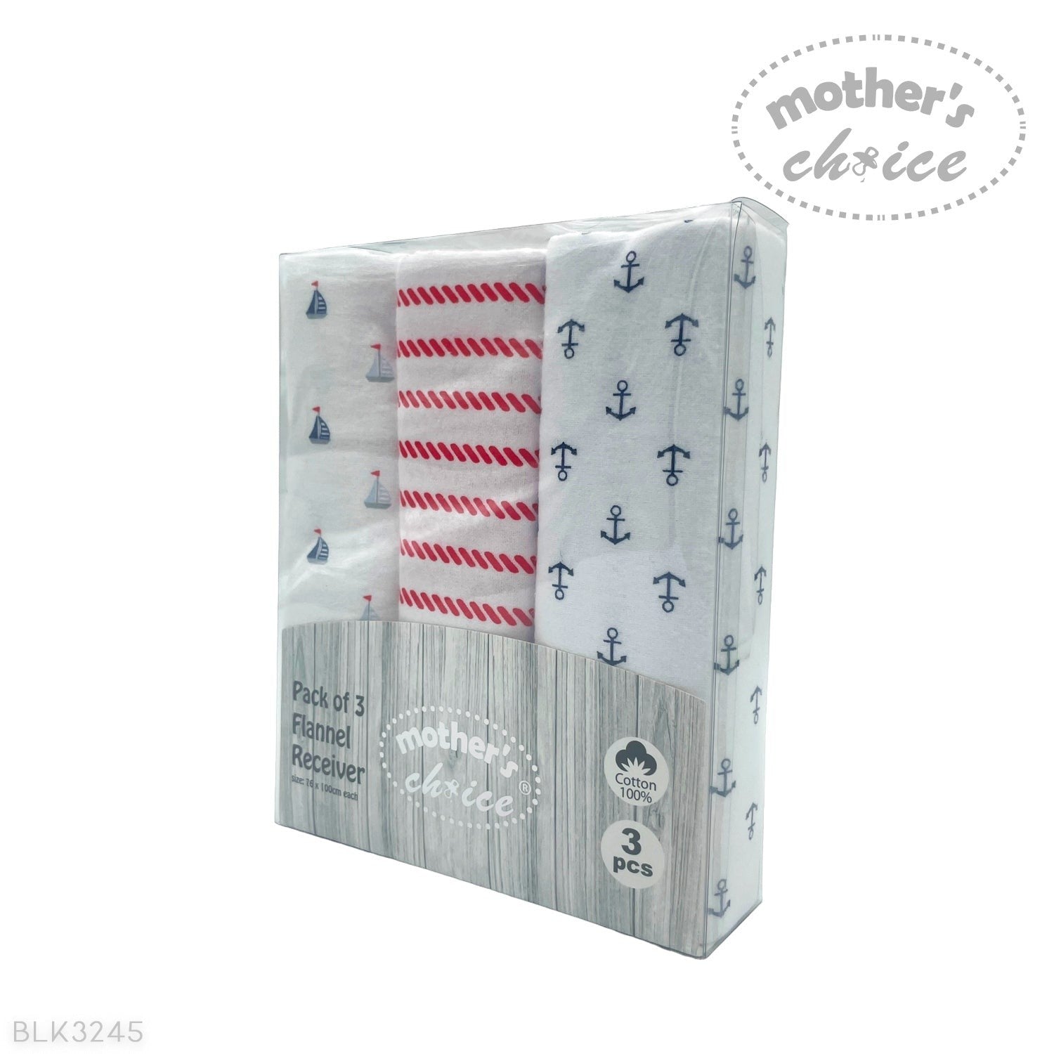 Pack of 3 flannel receivers with nautical patterns in packaging on a white background