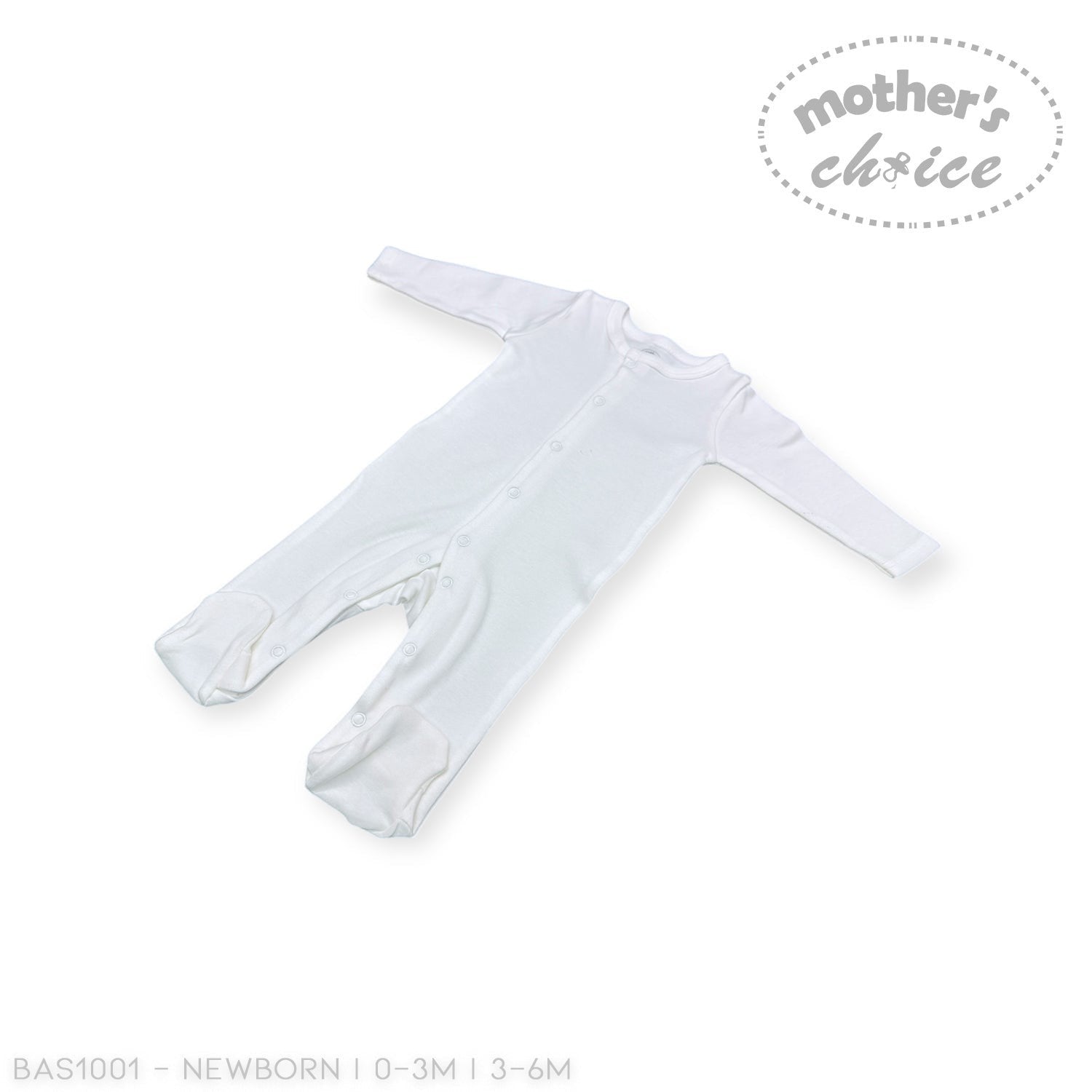 White baby onesie with long sleeves on a white background, branded 'Mother's Choice'.