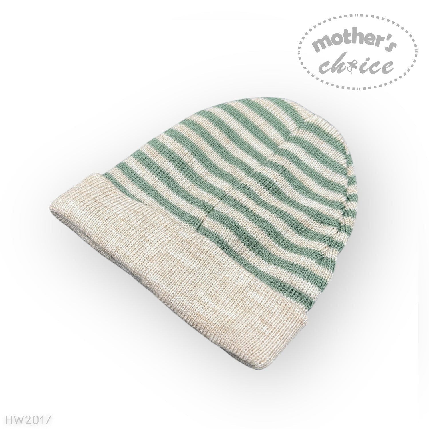 Striped beanie with green and beige colors on a white background, featuring 'mother's choice' branding.
