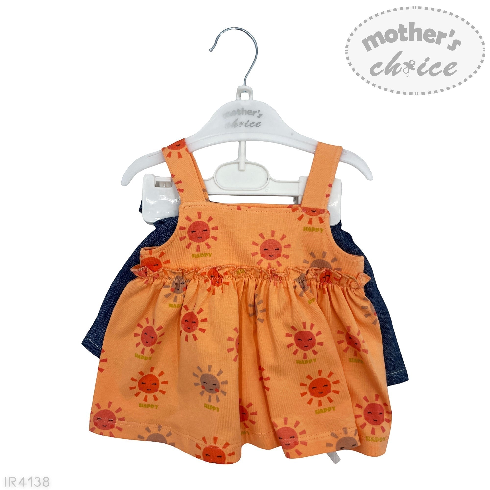 Orange dress with sun patterns on a hanger against a white background, featuring 'mother's choice' branding.