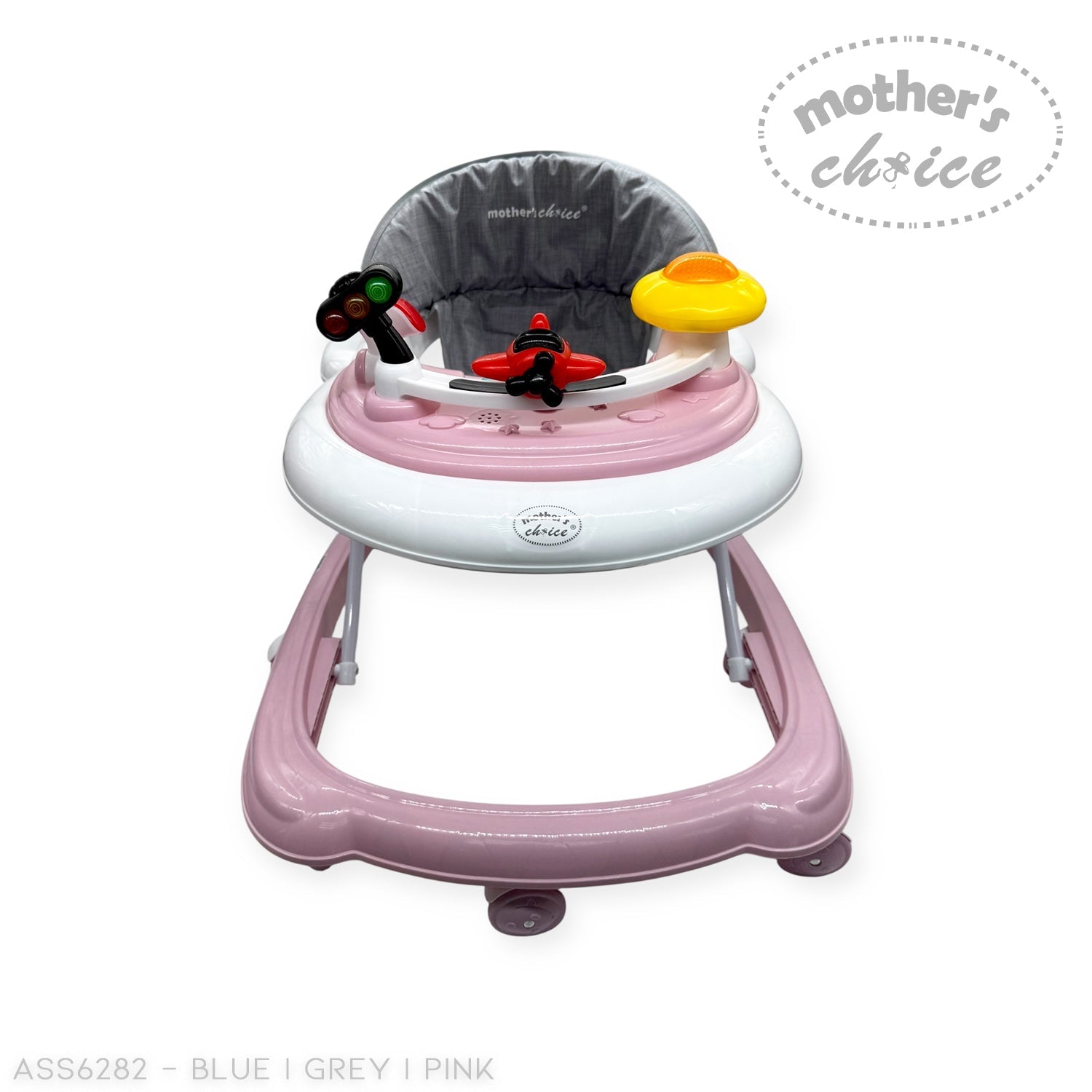 Baby walker with pink base and gray seat, featuring colorful toys, on a white background.