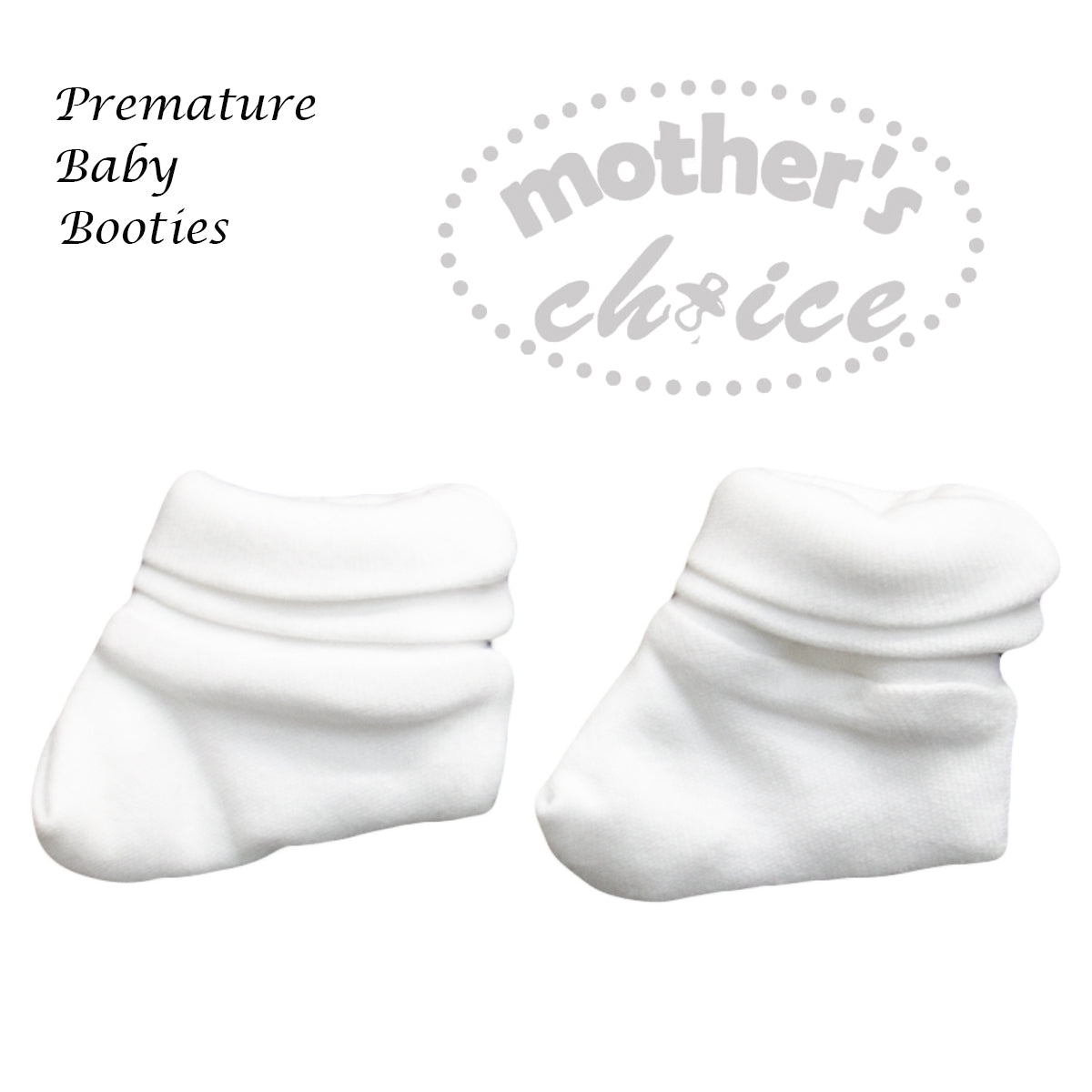 White premature baby booties with 'mother's choice' logo on a white background