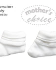 White premature baby booties with 'mother's choice' logo on a white background