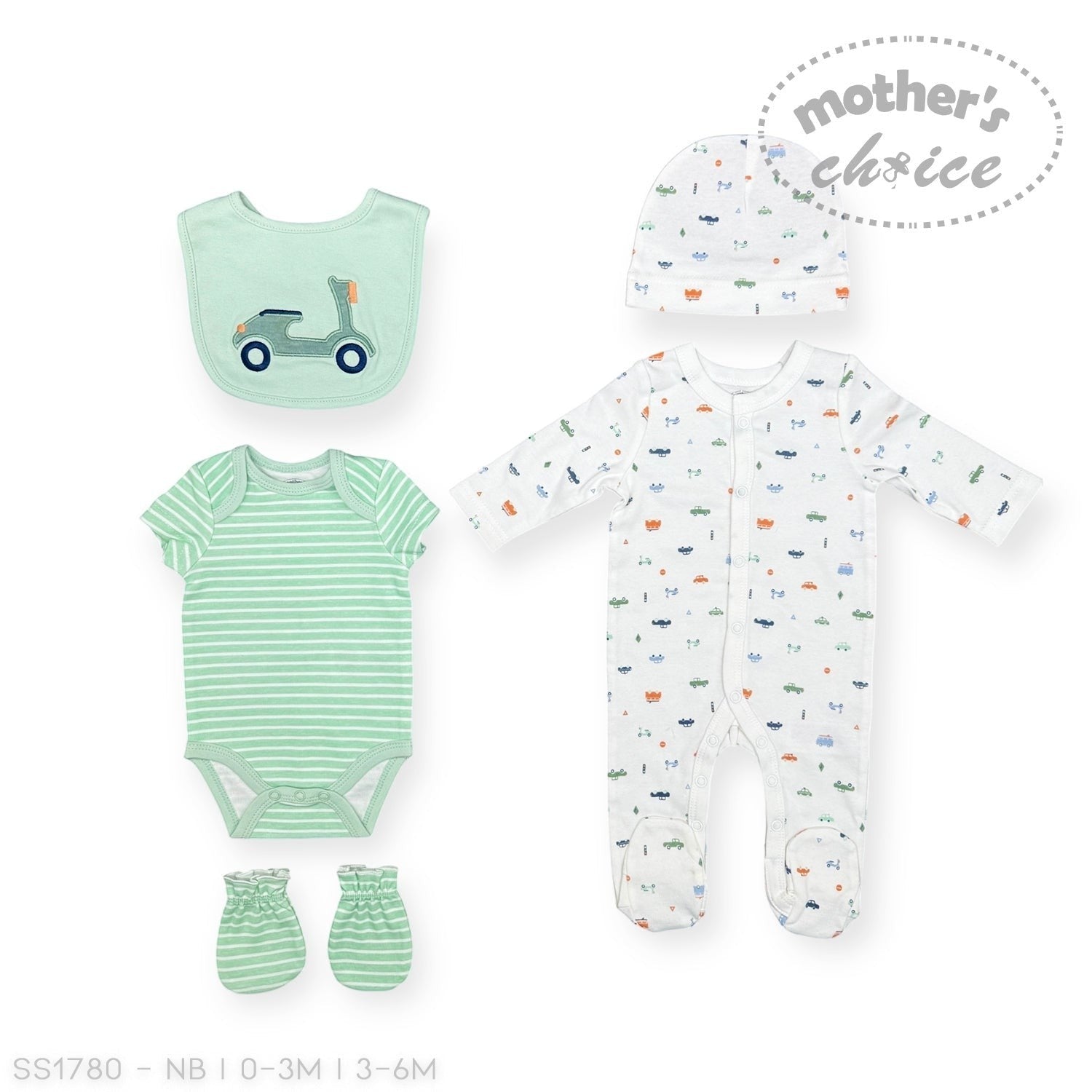 Baby clothing set with onesie, bodysuit, bib, and booties on a white background.