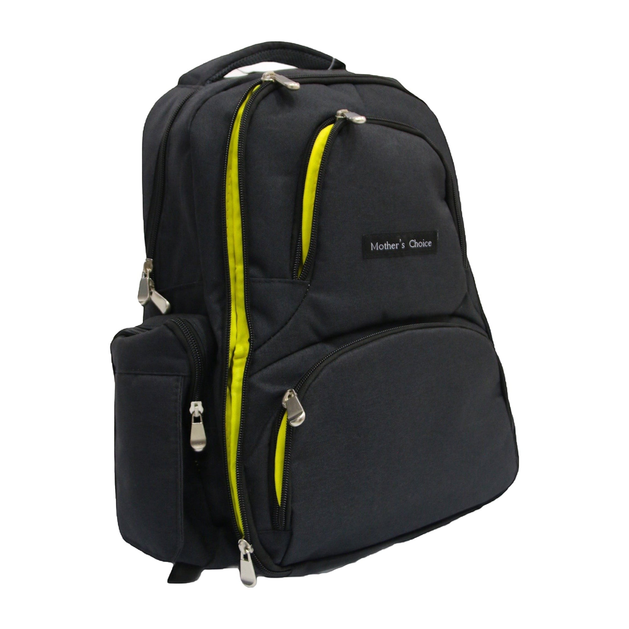 Black backpack with yellow accents on a white background