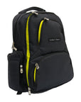 Black backpack with yellow accents on a white background