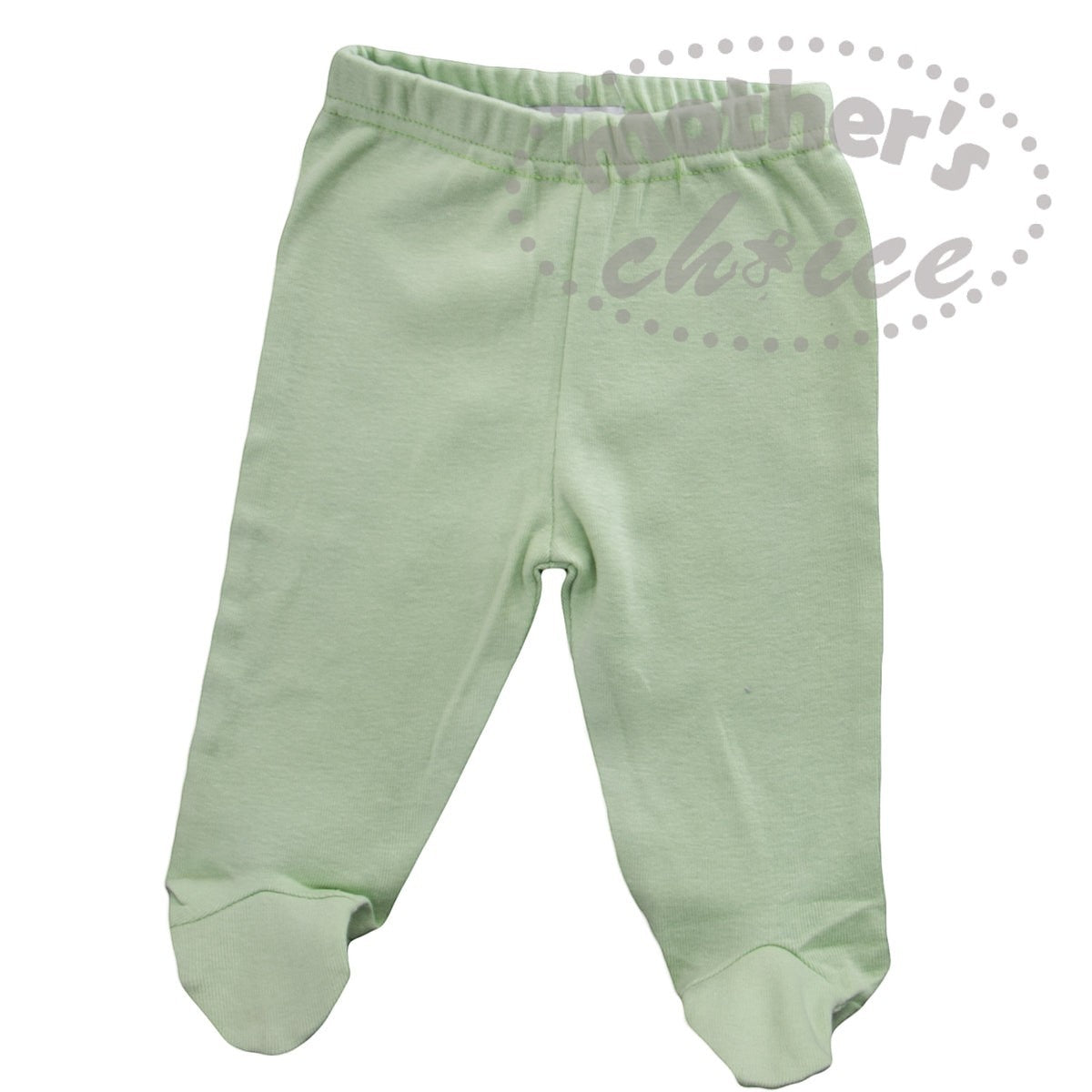 Green baby pants with footies on a white background