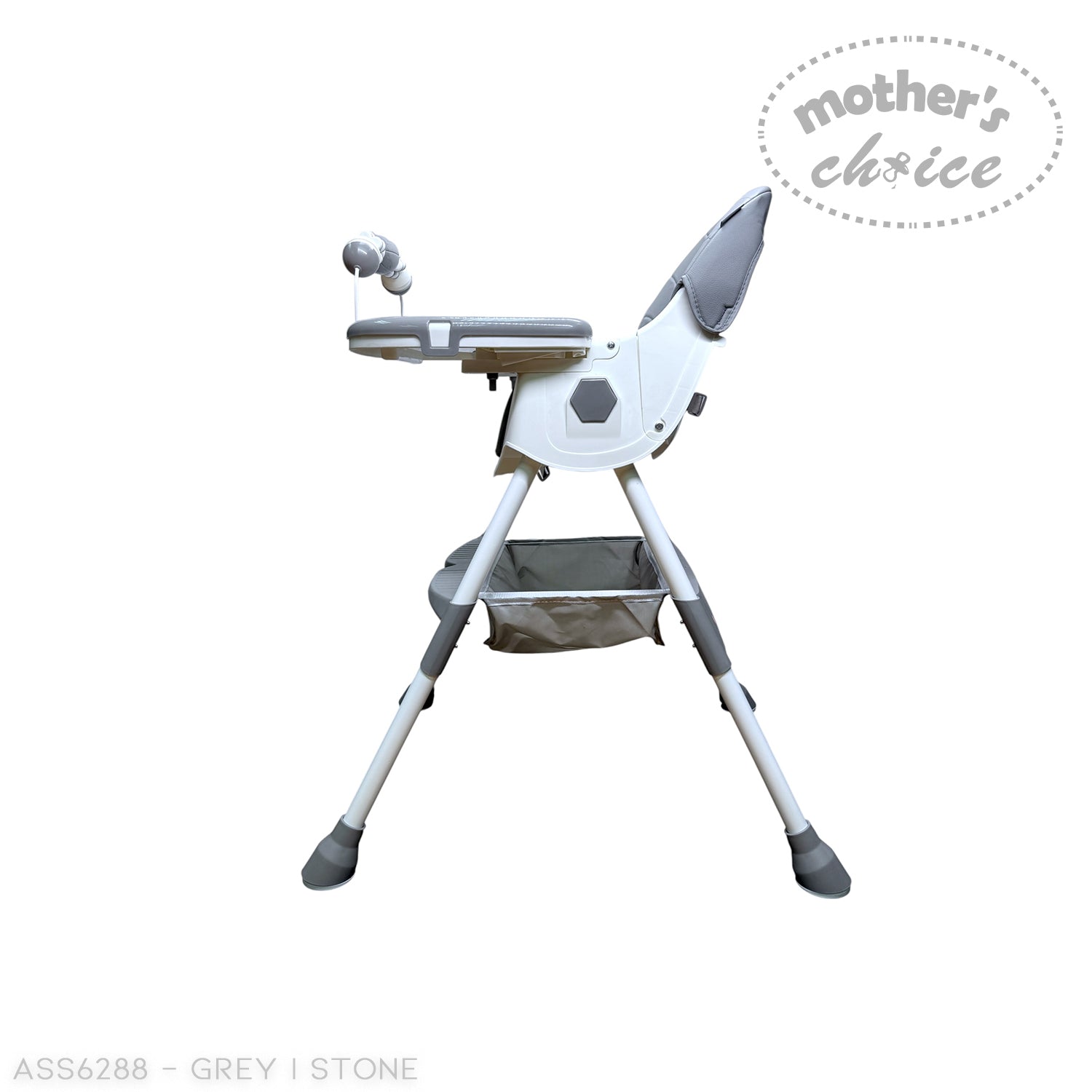 Gray high chair with 'Mother's Choice' branding on a white background