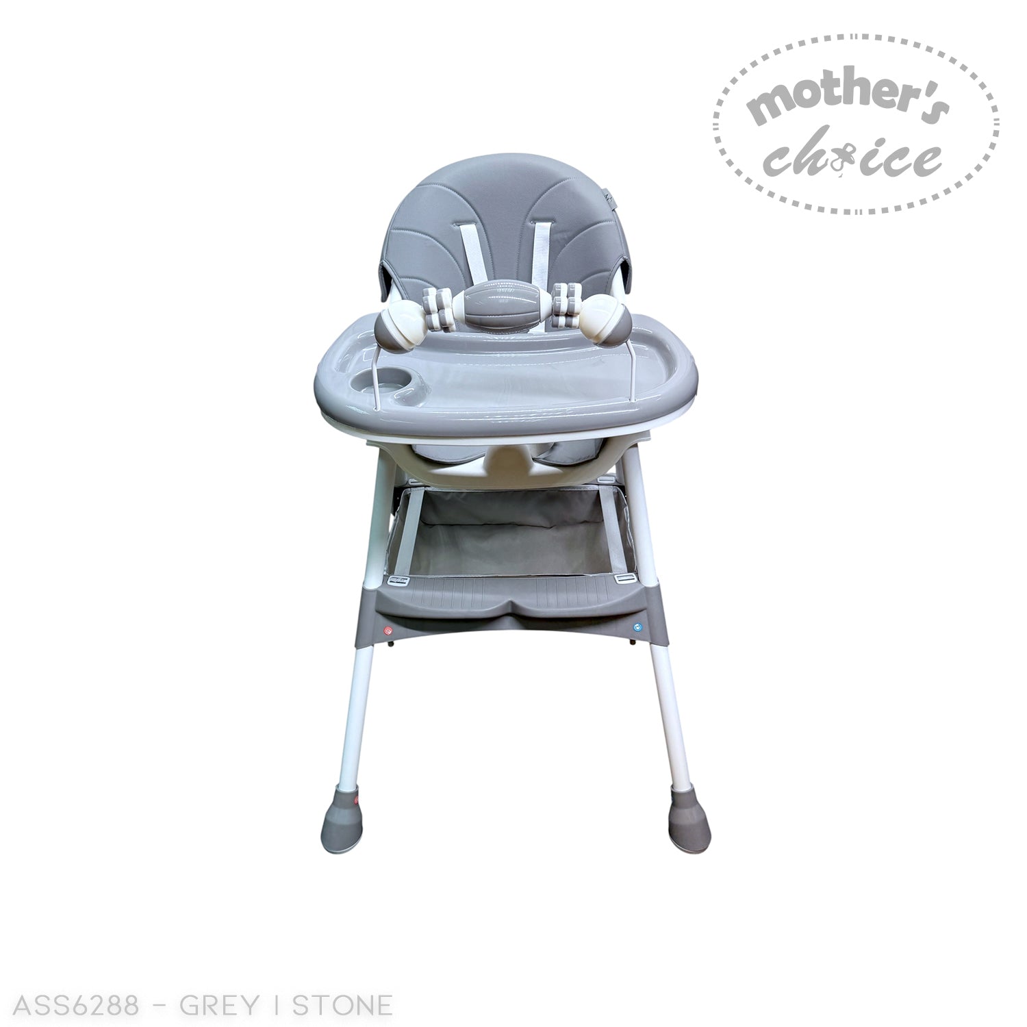 Gray high chair with 'Mother's Choice' branding on a white background