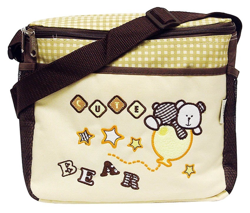 Children's bag with teddy bear design and text on a white background