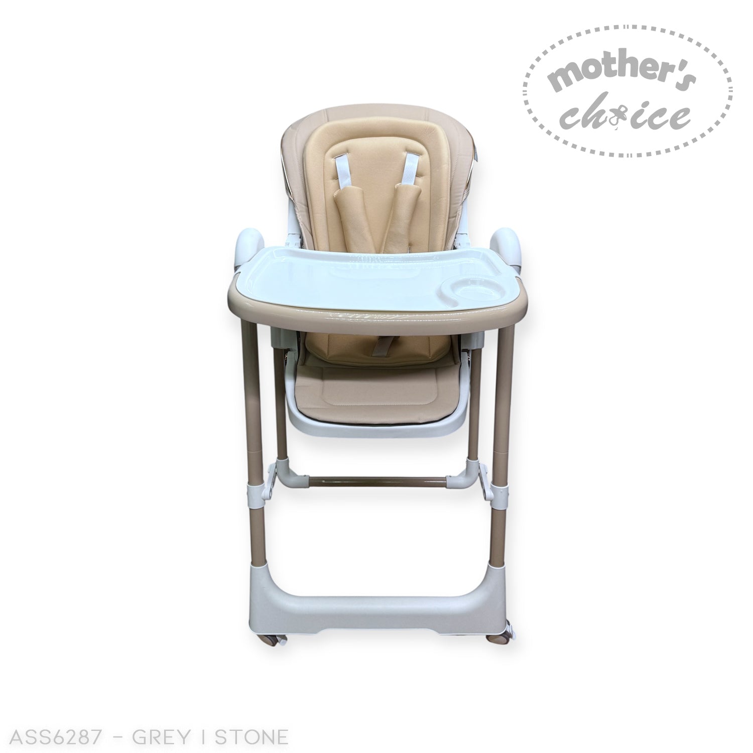 Beige and white high chair with 'Mother's Choice' branding on a white background