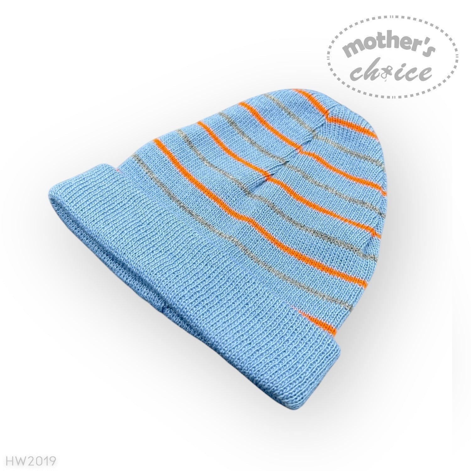 Blue knit baby hat with orange and gray stripes on a white background, featuring 'mother's choice' branding.