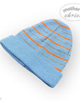 Blue knit baby hat with orange and gray stripes on a white background, featuring 'mother's choice' branding.