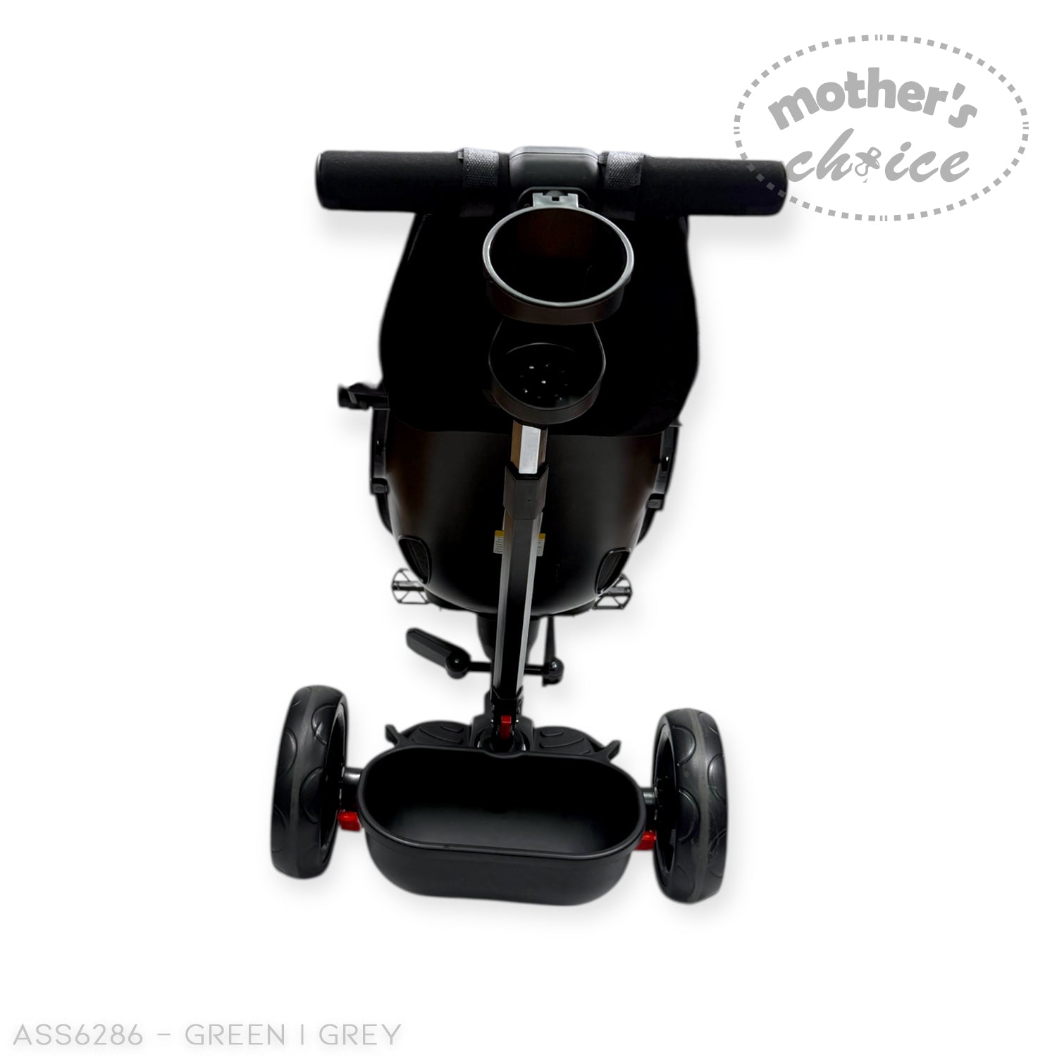 Black scooter with cup holder on a white background, featuring 'mother's choice' branding.