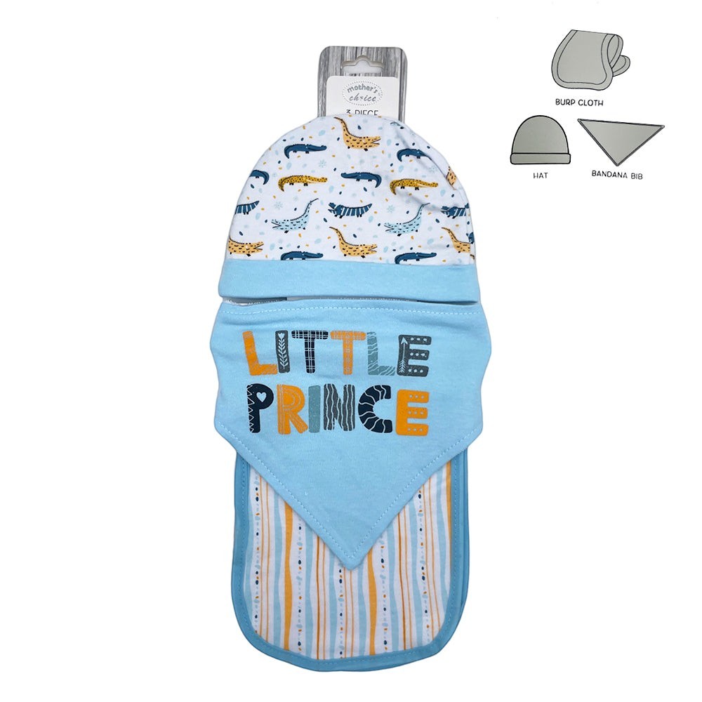 Baby swaddle with 'Little Prince' text, hat, and bib on a white background
