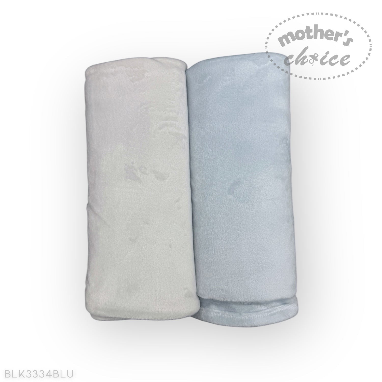 Two rolled-up towels, one gray and one blue, on a white background with 'Mother's Choice' branding.
