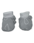 Pair of gray baby booties with a white background