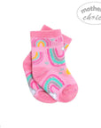 Pink children's socks with rainbow patterns on a white background, branded 'Mother's Choice'.