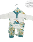 Baby outfit with long-sleeve shirt, pants, and hat on a hanger with 'mother's choice' branding.