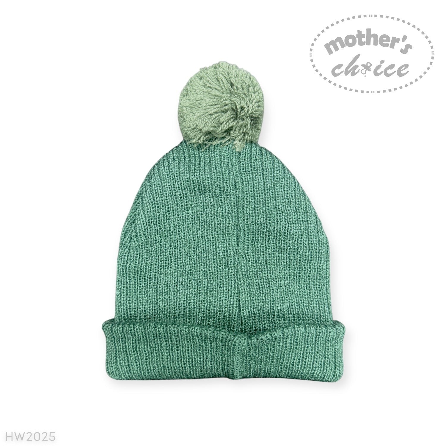 Green knit beanie with pom-pom on a white background, featuring 'Mother's Choice' branding.