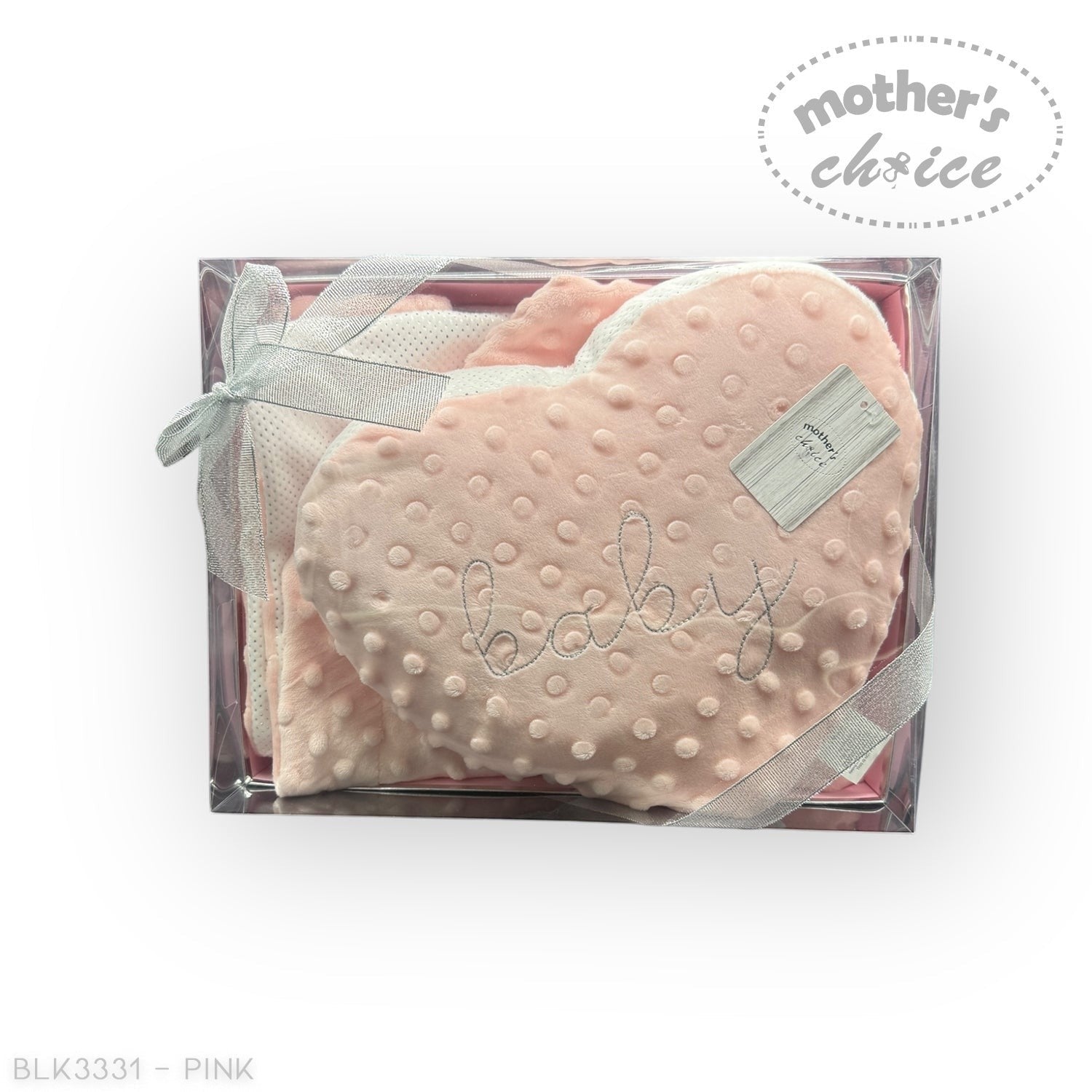 Pink baby blanket with 'baby' embroidery in a clear box labeled 'Mother's Choice'.