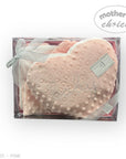 Pink baby blanket with 'baby' embroidery in a clear box labeled 'Mother's Choice'.