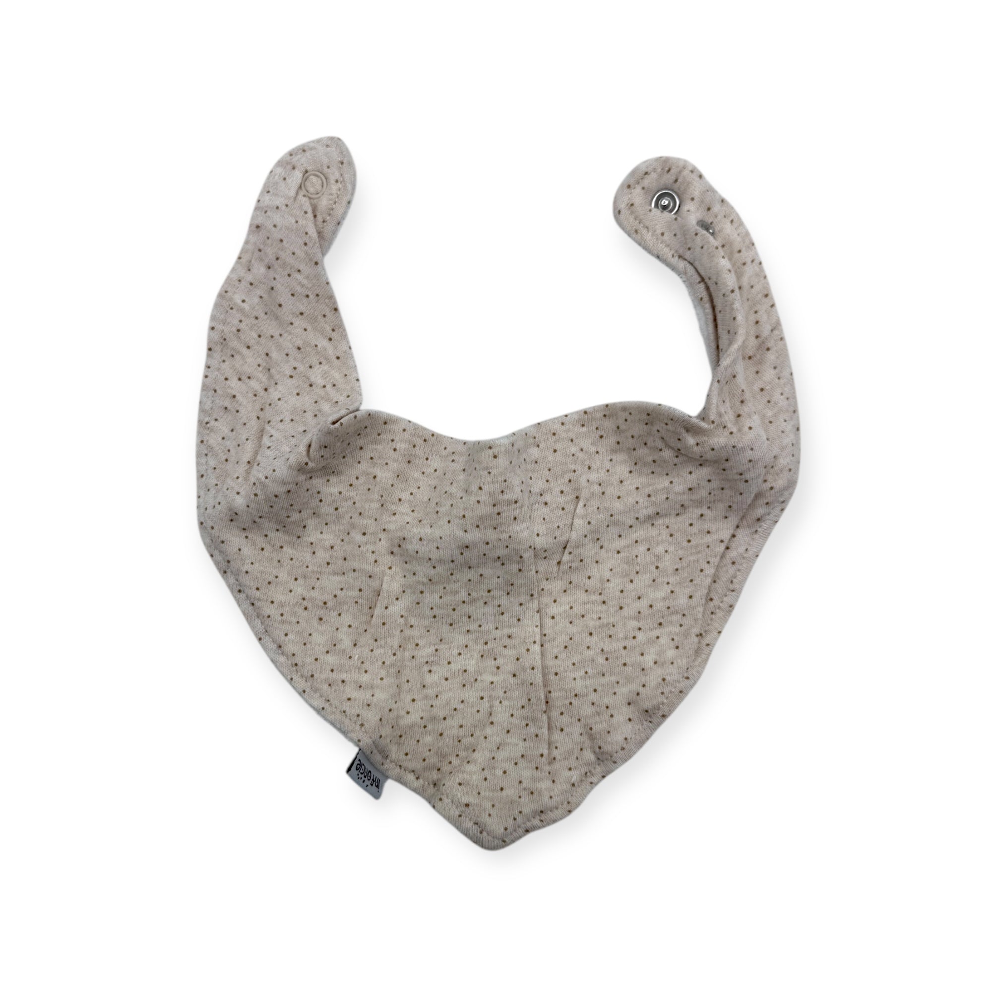 Gray bandana bib with small patterns on a white background