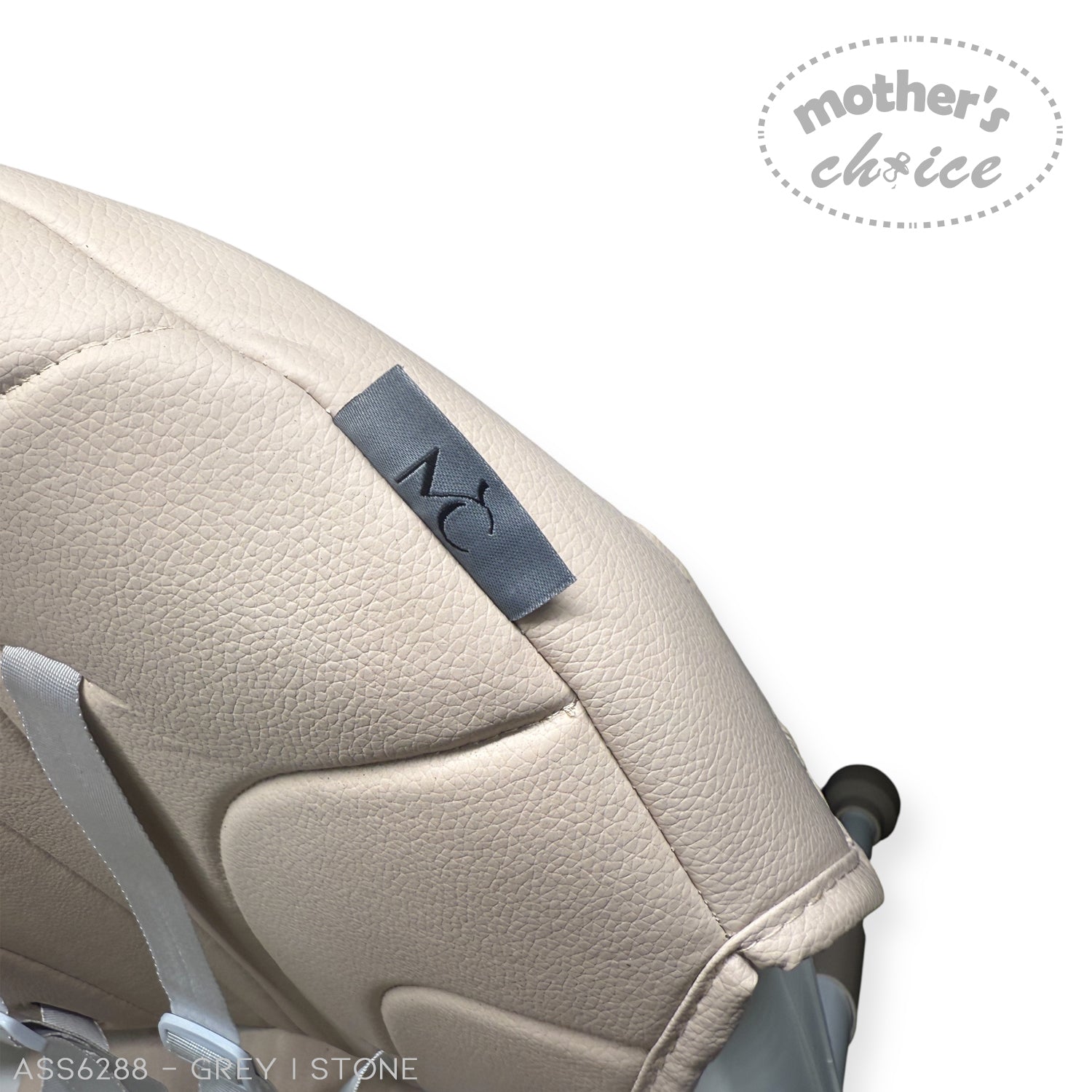 Close-up of a beige stroller seat with a 'mother's choice' label on a white background.