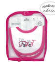 Baby bib with 'I'm so fancy' text in a pink package, branded 'Mother's Choice'.