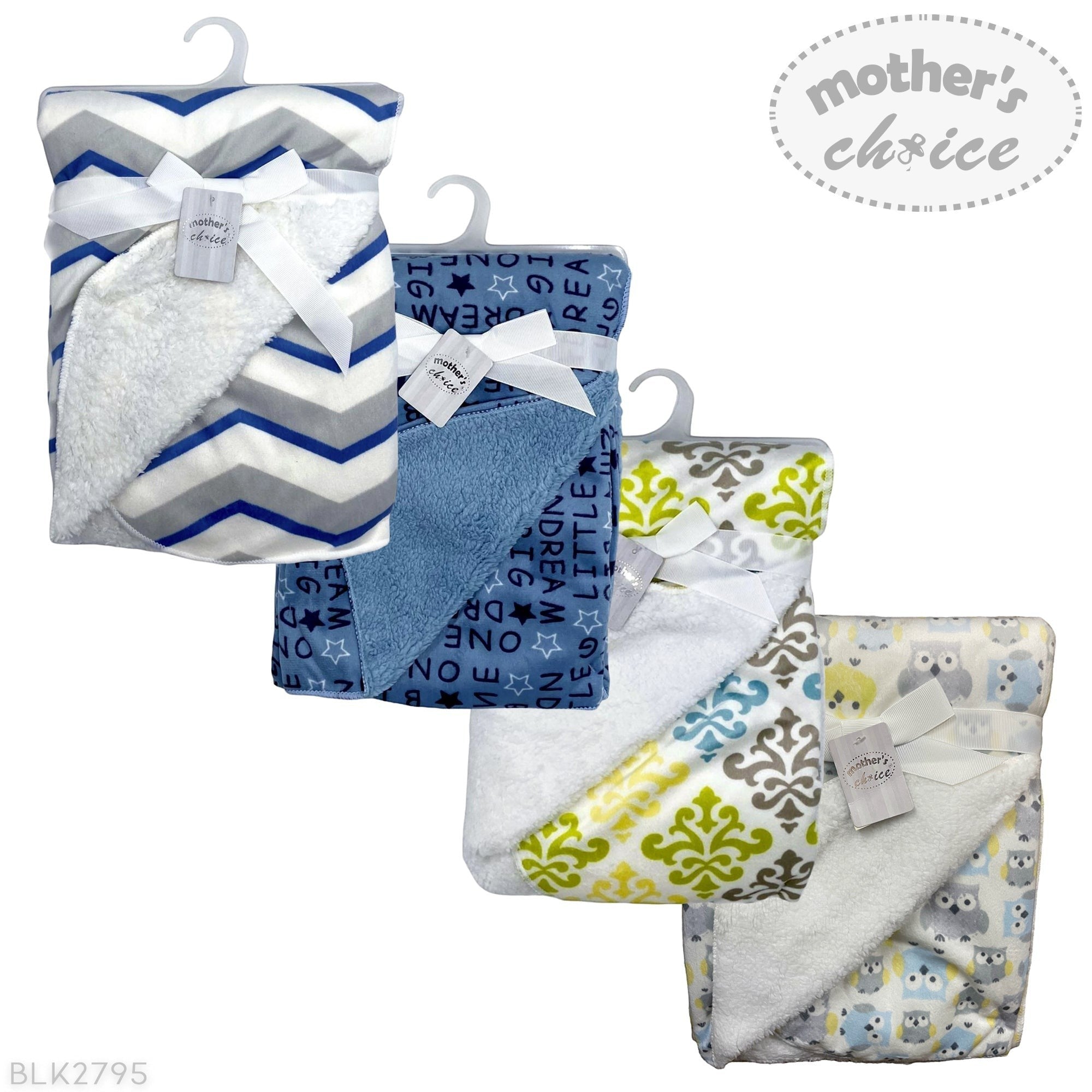 Collection of baby blankets with various patterns and designs on a white background.