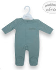 Green baby onesie on a hanger with 'Mother's Choice' branding.