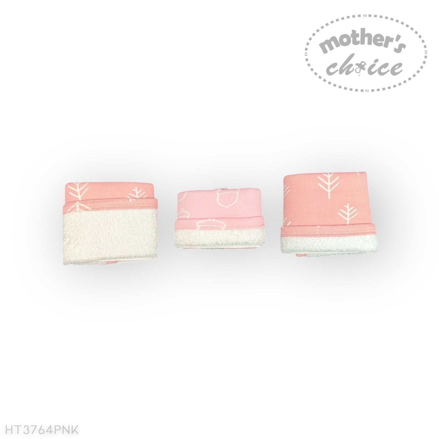 Three baby swaddles with pink and white design on a white background, branded 'Mother's Choice'.