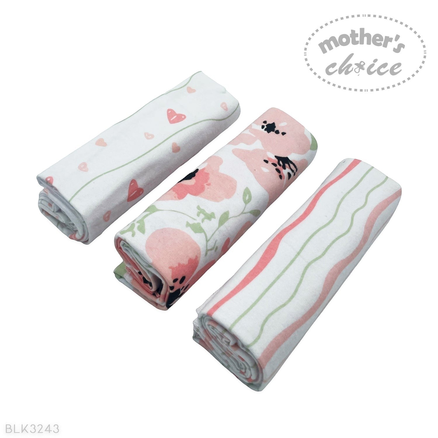 Three rolled-up fabric swaddles with different patterns on a white background, featuring the 'Mother's Choice' brand.