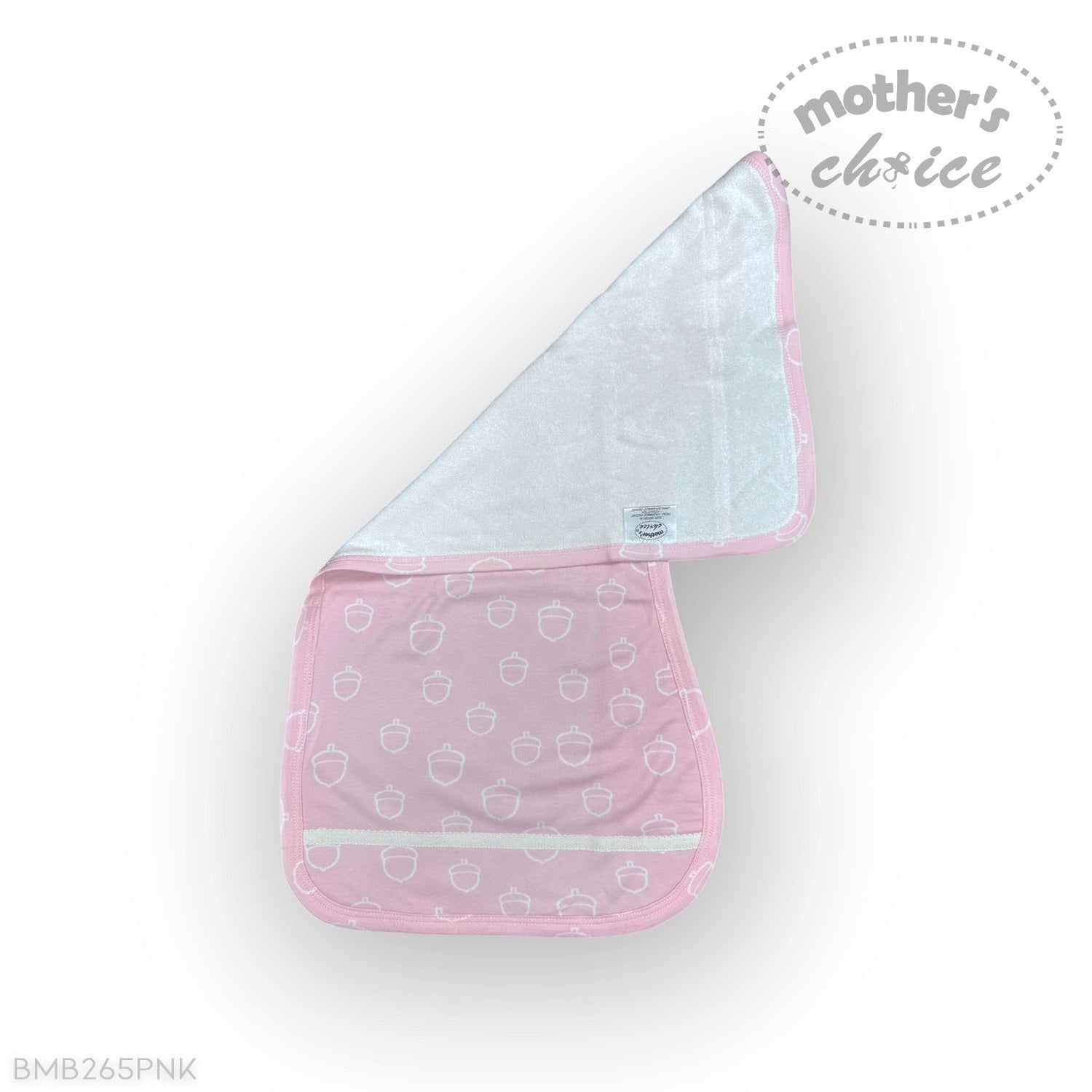 Baby bib with pink and white design on a white background, featuring 'mother's choice' branding.
