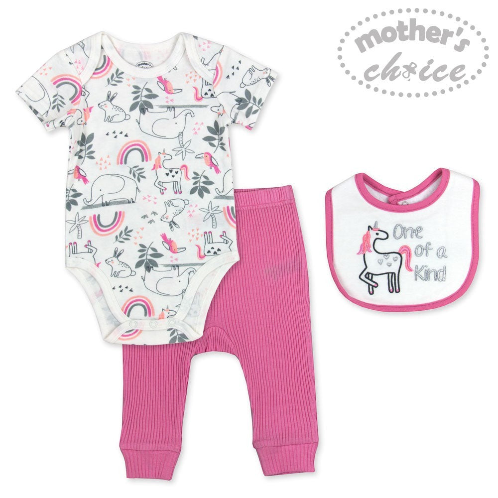 Baby outfit set with bodysuit, pants, and bib on a white background