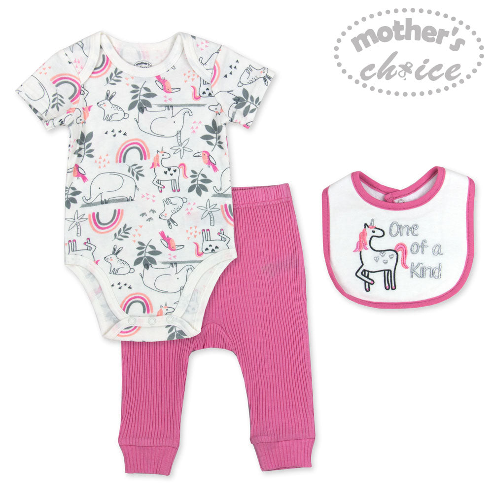 Baby outfit set with bodysuit, pants, and bib on a white background